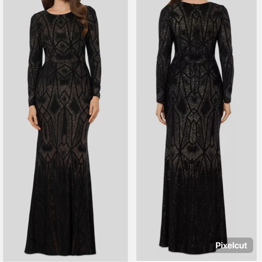 NWT Betsy & Adam Women Black/Copper Long-Sleeve Geo-Glitter Gown Petite‎ Siz 10P